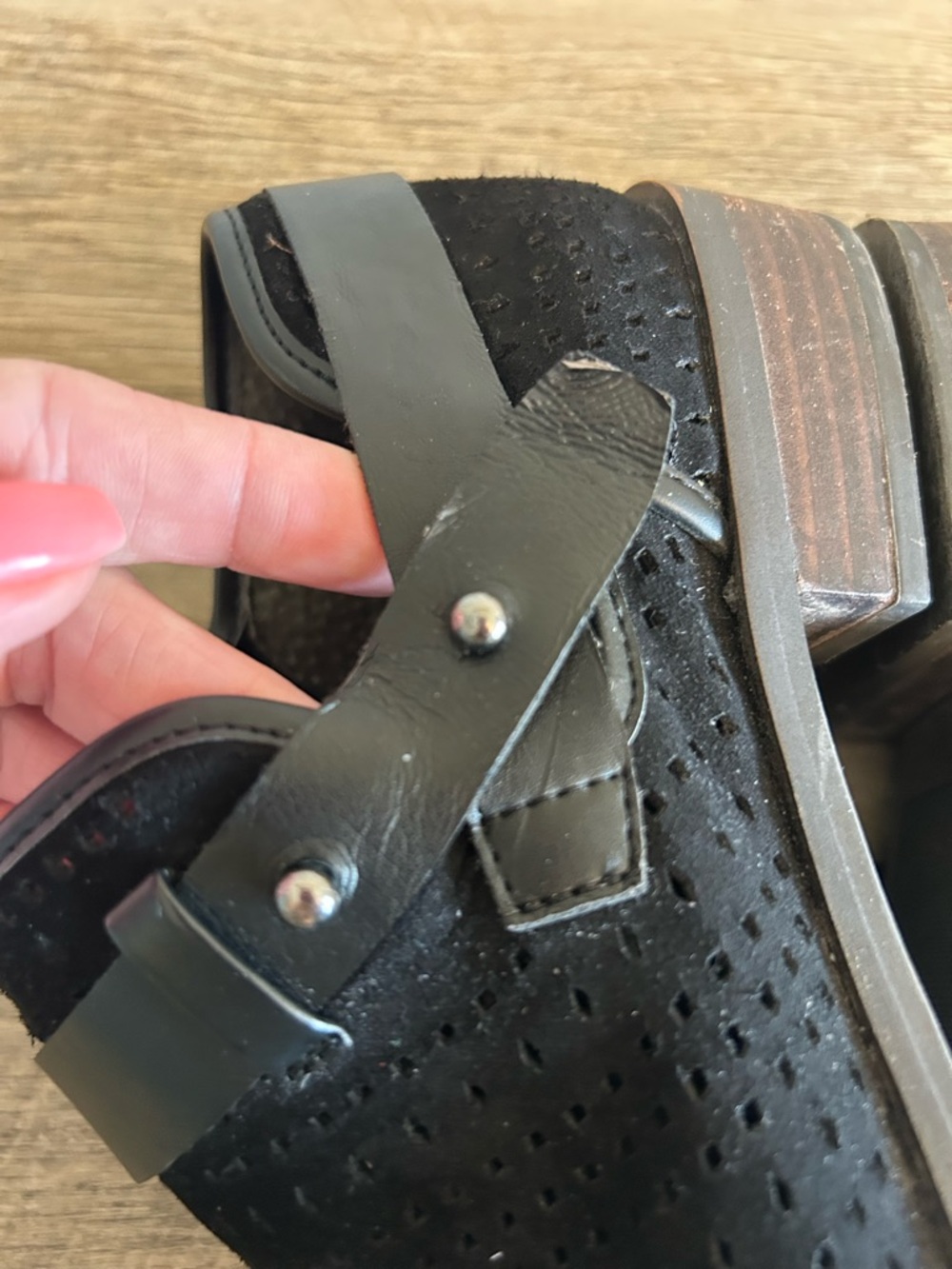 Franco Sarto Sz 7 Rogue Black Perforated Suede Buckle Shooties Zipper Adjustable - Picture 10 of 12